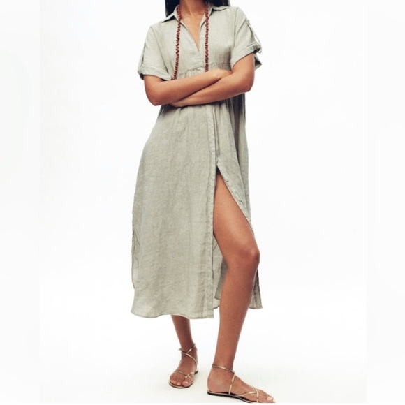ZARA GREEN LINEN RELAXED FIT BUTTON DOWN DRESS - Picture 1 of 5
